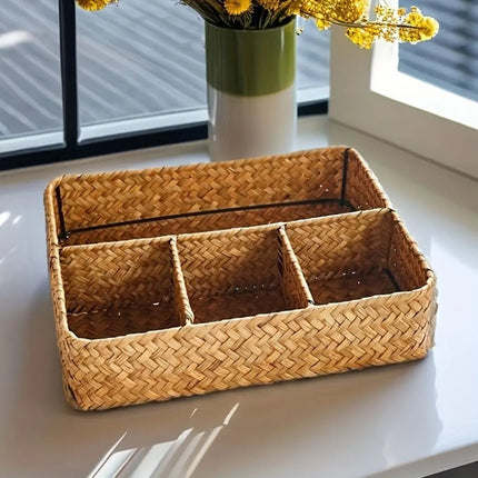 Wicker Basket with 3 Compartments, Desk Organizer for Remote and Cables – image 4