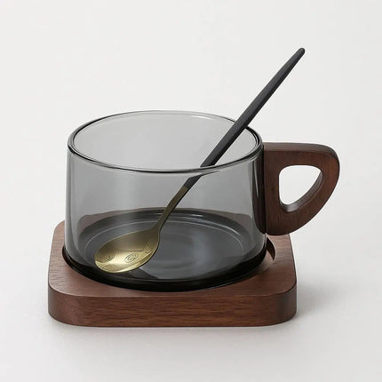 Glass Coffee Cup with Wooden Handle, Glass Mug with Wood Tray and Spoon, Heat Resistant Tea Cup for Hot or Cold Drinks