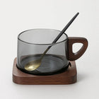 Glass Coffee Cup with Wooden Handle, Glass Mug with Wood Tray and Spoon, Heat Resistant Tea Cup for Hot or Cold Drinks