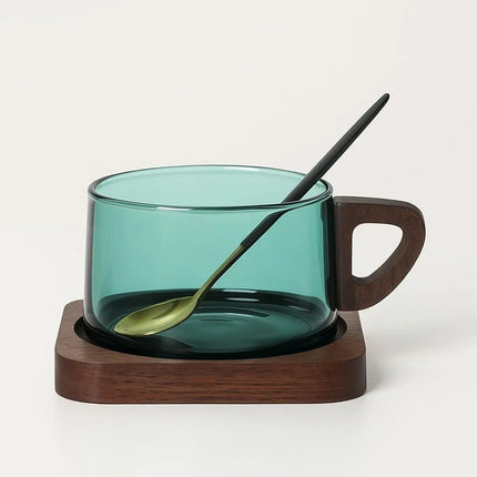 Glass Coffee Cup with Wooden Handle, Glass Mug with Wood Tray and Spoon