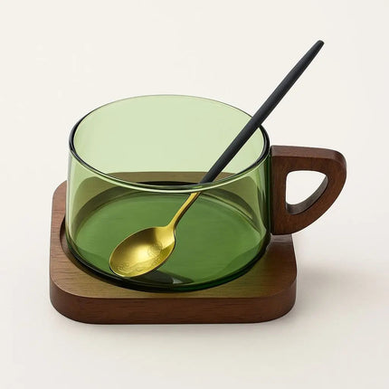 Glass Coffee Cup with Wooden Handle, Heat Resistant Tea Cup for Hot or Cold Drinks