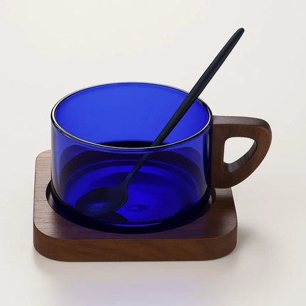 Glass Mug with Wood Tray and Spoon, Heat Resistant Tea Cup for Hot or Cold Drinks – image 4