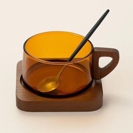 Glass Coffee Cup with Wooden Handle, Glass Mug with Wood Tray and Spoon – image 5