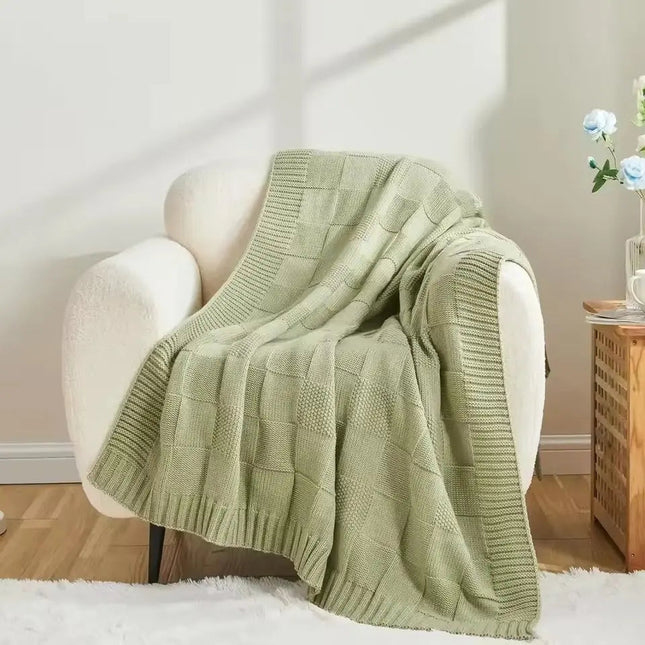 Knitted Throw Blanket, Checkered Hand Knit Blanket with Ribbed Edges