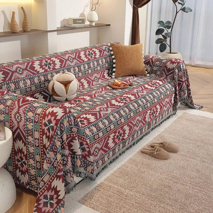 Zarela | Boho Chenille Sofa Cover with Jacquard Design & Tassel Edges | Stylish Protection for Home Decor 0