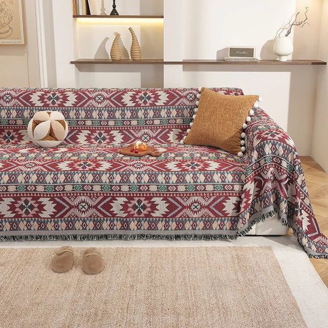 Zarela | Boho Chenille Sofa Cover with Jacquard Design & Tassel Edges | Stylish Protection for Home Decor 1