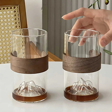 Glass Cups, Mount Fuji Glass Tea Cups Set of 2 or 4 with Wood Band