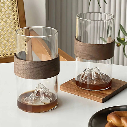 Glass Cups, Mount Fuji Glass Tea Cups Set of 2 or 4 with Wood Band, Heat Resistant Glass Coffee Cup for Iced Coffee