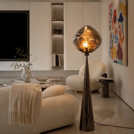 Sculptural Postmodern Floor Lamp with Reflective Smoked Acrylic Globe | Ambient Warm White Light for Modern Spaces