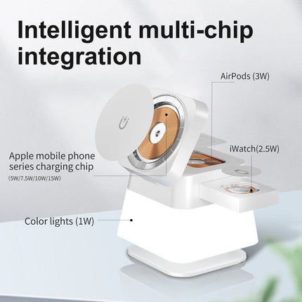 4-in-1 Magnetic Wireless Charger Stand with Colorful Lighting | Simultaneous Charging for iPhone, Apple Watch, and AirPods