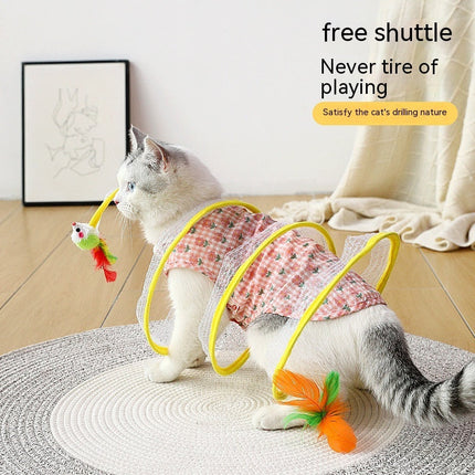 Elastic Collapsible Cat Tunnel with Mice & Feathers | Fun Playhouse for Multiple Cats to Explore and Bond