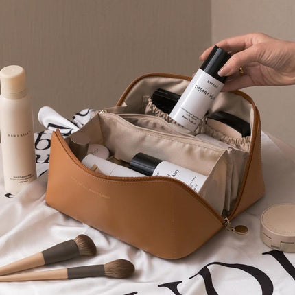 Large Capacity PU Leather Travel Cosmetic Bag with Zipper Pouch | Stylish Organizer for Makeup and Essentials