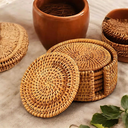 Coasters for Drinks, Woven Bamboo Cup Coasters with Holder, Rattan Coaster Set of 6, Table Protector for Coffee and Tea