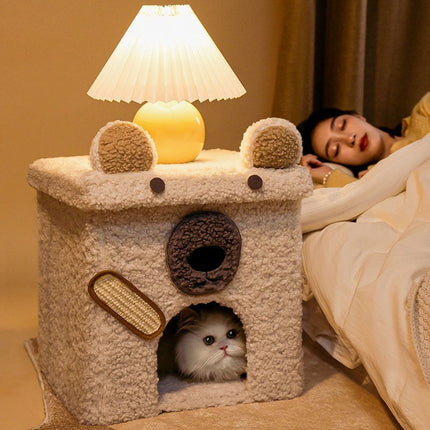 Composite Wood Pet Nest with Soft Teddy Velvet Cover | Semi-Enclosed Design for Comfort and Privacy