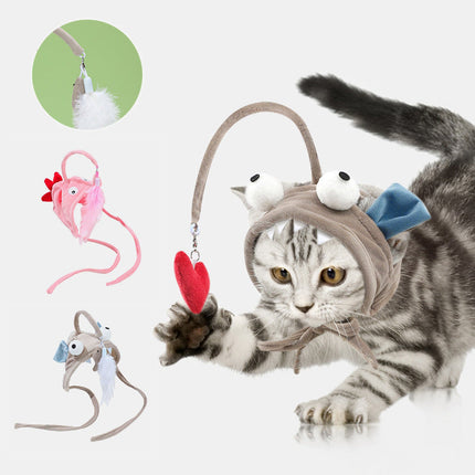 Head-Wearing Cat Toy with Feather Teaser | Adjustable Interactive Hat for Hands-Free Play