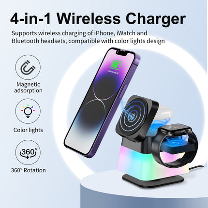 4-in-1 Magnetic Wireless Charger Stand with Colorful Lighting | Simultaneous Charging for iPhone, Apple Watch, and AirPods