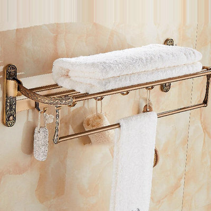 Wall Mounted Towel Rack with Shelf and Hooks, Antique Brass Double Towel Bar – image 6