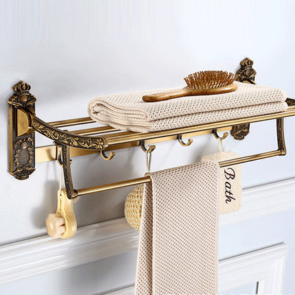 Bathroom Towel Rack, Foldable Bath Towel Rack with Hooks, Antique Brass Bath Towel Holder in Aluminum