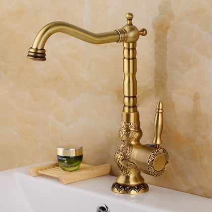 Antique Brass Bathroom Faucet, Single Hole Bathroom Faucet with Long Spout, Deck Mount Bathroom Basin Faucet