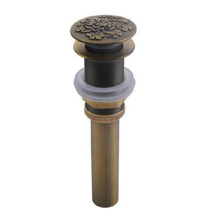 Pop Up Sink Drain without Overflow, Antique Brass Bathroom Sink Drain, Basin Drain Stopper with Carved Flower