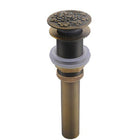 Pop Up Sink Drain without Overflow, Antique Brass Bathroom Sink Drain, Basin Drain Stopper with Carved Flower