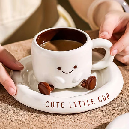 Teacup and Saucer, Cute Cappuccino Cup with Hand Painted Cartoon Face, Ceramic Coffee Cup for Latte and Tea