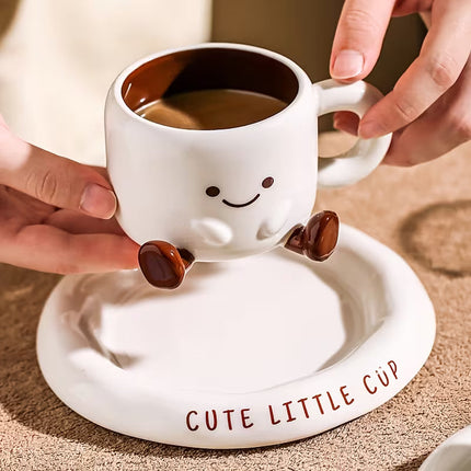 Teacup and Saucer, Cute Cappuccino Cup with Hand Painted Cartoon Face