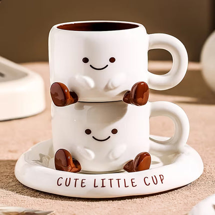 Teacup and Saucer, Cute Cappuccino Cup with Hand Painted Cartoon Face – image 6