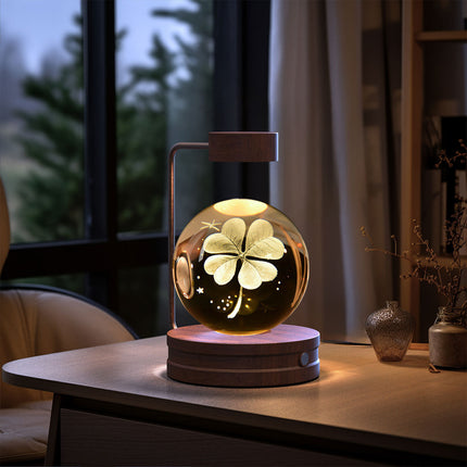 Crystal Glass LED Night Light with 3D Pattern | USB Rechargeable Home Decor for Warm Ambiance