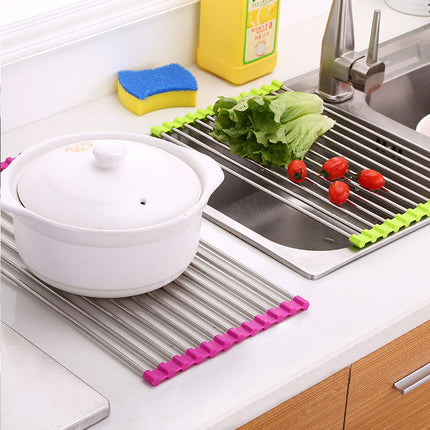Stainless Steel Rolling Curtain Drain Rack with No-Drill Installation | Space-Saving Design for Easy Kitchen Organization