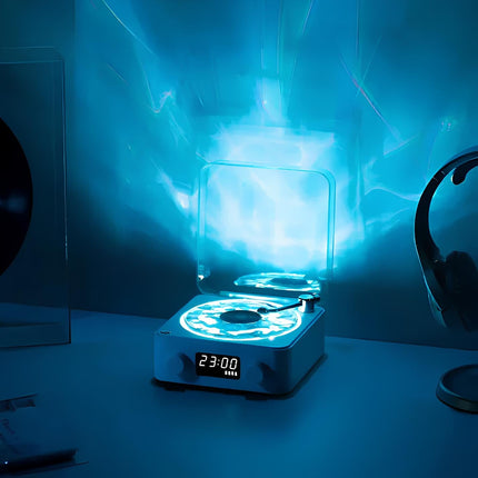 Vintage Table Lamp with Bluetooth and Clock, White Noise Machine with Breathing Light, Retro Record Player Bedside Lamp