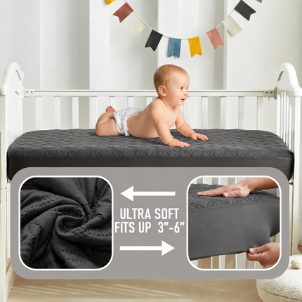 CozyNest | Waterproof Crib Mattress Protector with Soft Gray Fabric | Noiseless & Machine Washable for Ultimate Baby Comfort