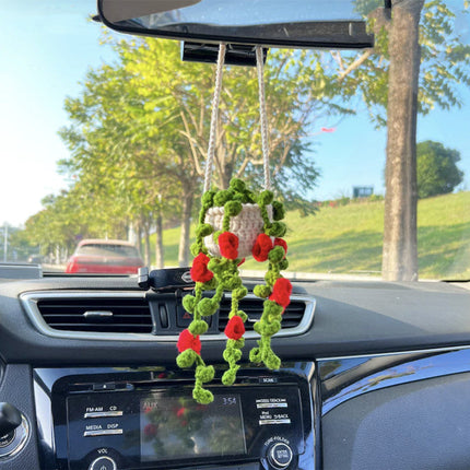 Handmade Knitted Flower Car Accessory for Rearview Mirror | Unique Wool Pendant for Personalized Interior Decor