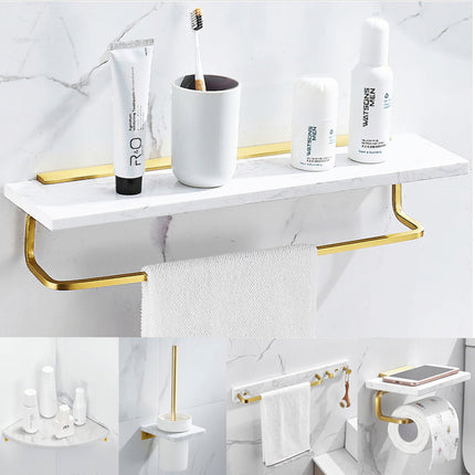 Brushed Gold Bathroom Shelf Marble and Brass, Bathroom Accessories with Towel Rack, Toilet Paper Holder, Toilet Brush