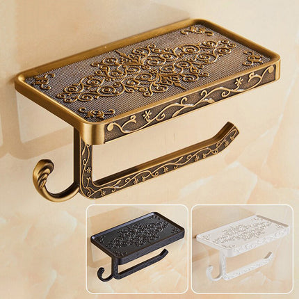 Wall Mounted Toilet Paper Holder with Shelf, Carved Antique Bronze Toilet Paper Holder with Phone Shelf for Bathroom