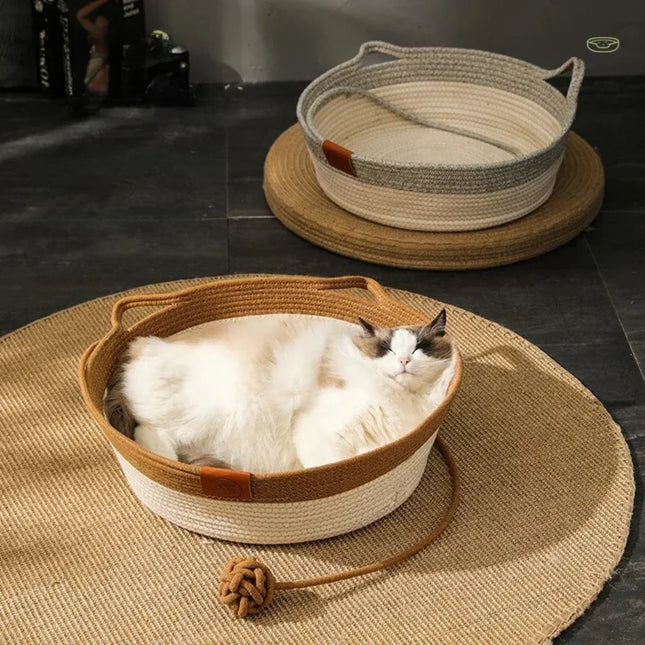 Cat Beds, Handwoven Cotton Rope Pet Bed with Raised Sides for Cats, Modern Cat Furniture_00