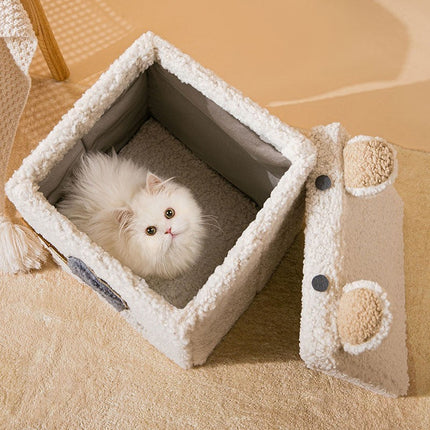 Composite Wood Pet Nest with Soft Teddy Velvet Cover | Semi-Enclosed Design for Comfort and Privacy