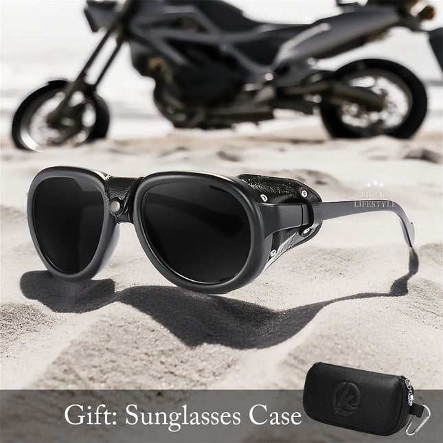 Anti Glare Glasses for Motorcycle Riders, Steampunk Goggles with Leather Frame, UV Protection Sunglasses_00