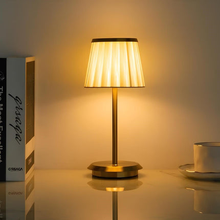 Dimmable Rechargeable Table Lamp with Pleated Fabric Shade | Elegant Cordless Lighting for Indoor and Outdoor Use