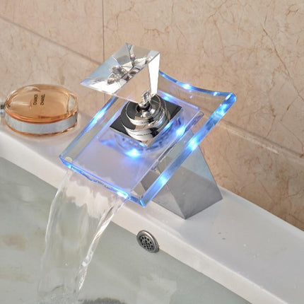 Bathroom Faucet with LED Light, Glass Waterfall Bathroom Faucet, Single Handle Brass Bathroom Sink Faucet