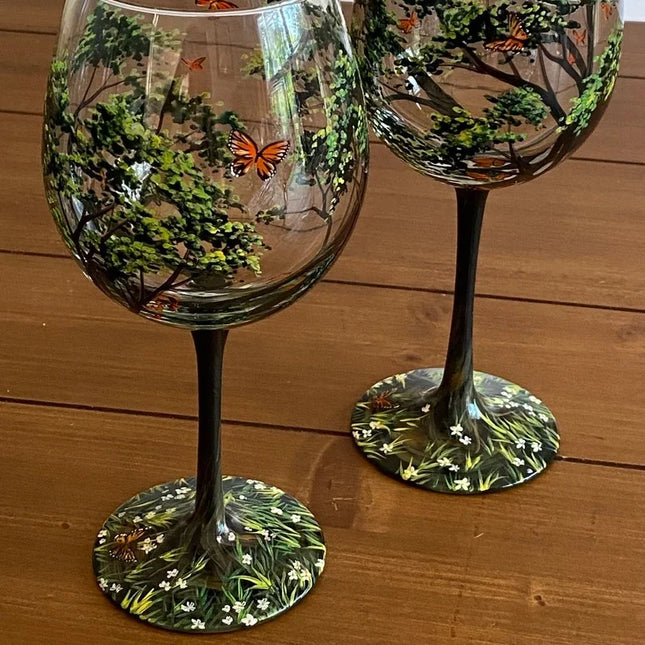 Hand Painted Wine Glasses, Stemless Wine Glasses and Stemmed Wine Glass with Four Seasons Tree Art, Housewarming Gift