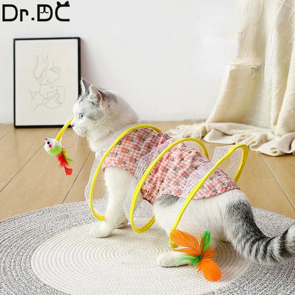 Elastic Collapsible Cat Tunnel with Mice & Feathers | Fun Playhouse for Multiple Cats to Explore and Bond