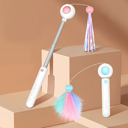 Retractable Cat Teaser Wand with Interchangeable Feather & Tassel Heads | Engaging Play for Indoor Cats