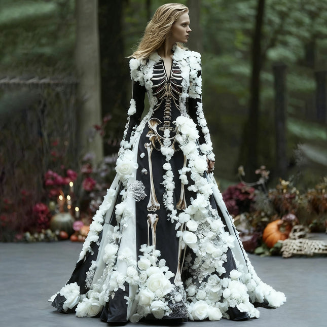 Long Sleeve Maxi Dress, Floral Maxi Dress with Skeleton Print