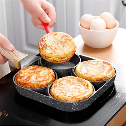 Four-Hole Non-Stick Pan with Silicone Spatula & Oil Brush | Versatile Cooking Tool for Pancakes and Omelets