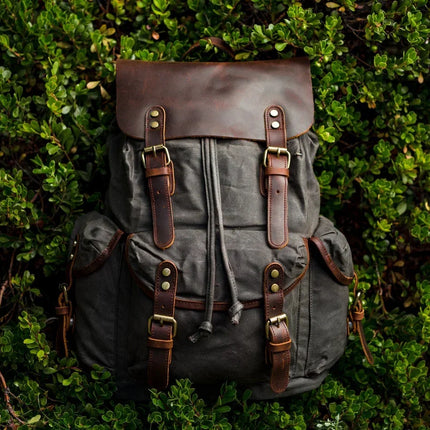 Canvas Backpack with Leather Trim, Book Bag – image 12