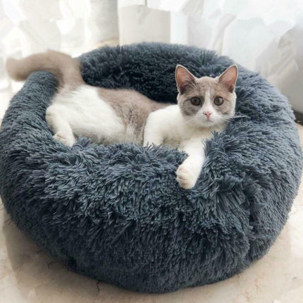 Round Plush Pet Bed for Small Dogs and Cats with Soft Vegan Fur | Calming Design for Ultimate Comfort