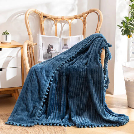 Flannel Throw Blanket with Pom Fringe, Striped Cozy Blanket for Bed and Sofa – image 8