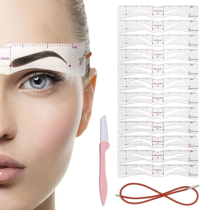 Eyebrow Stencil Set with 12 Shapes and Elastic Strap, Brow Stencils, Brow Shaping Tool, Eyebrow Shaper for Makeup