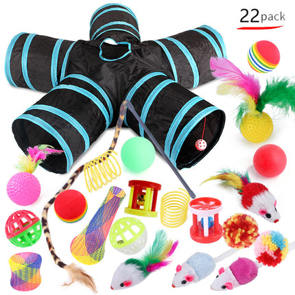 Ultimate Cat Toy Set with Tunnel and Feather Wand | 22-Piece Polyester Toy Pack for Endless Fun and Stimulation